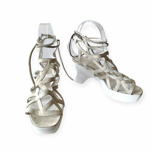 Vintage 80s Roger Vivier Caged Sandals on Platform Wedge, Off White Nubuk - Picture 10 of 16